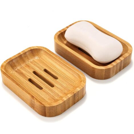 Set of 2 Natural Wooden Bamboo Soap Dishes for Bathroom Kitchen Sponges Storage Accessories