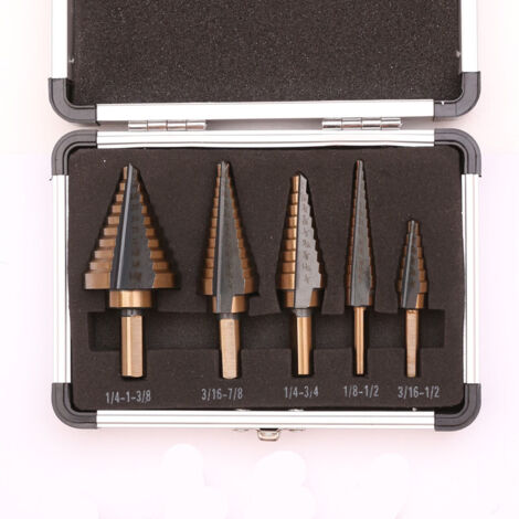 5 Pcs Step Drill Bit Set, Titanium Coated Step Drill Bit for Steel Wood Plastic Brass Aluminum PVC Coated Double Slot Conical Cutting Drill Bit (1/4)