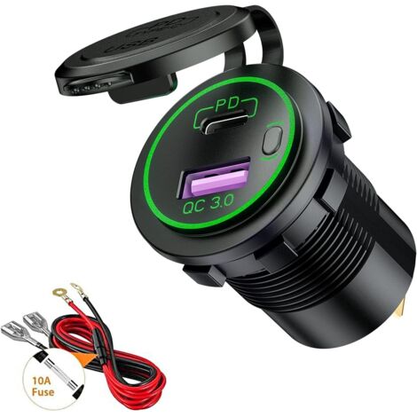 USB/QC3.0 and PD/Type-C Car Charger Socket with LED and Waterproof Switch for 12V/24V Cars Boats Motorcycle (Green)
