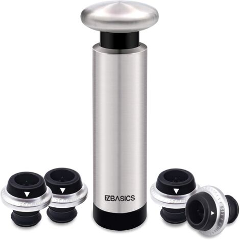 Wine Saver Vacuum Pump with 4 Wine Bottle Stoppers, Stainless Steel