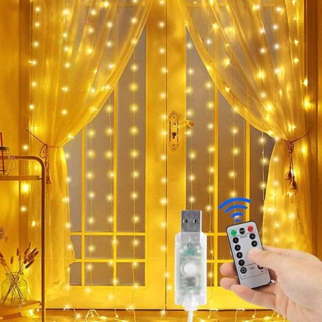LED Curtain Lights, 8 Modes Waterproof Remote Control USB Powered String Lights for Indoor Home Garden Wedding Christmas Party Birthday Decoration 3x3m300LED(Warm White)