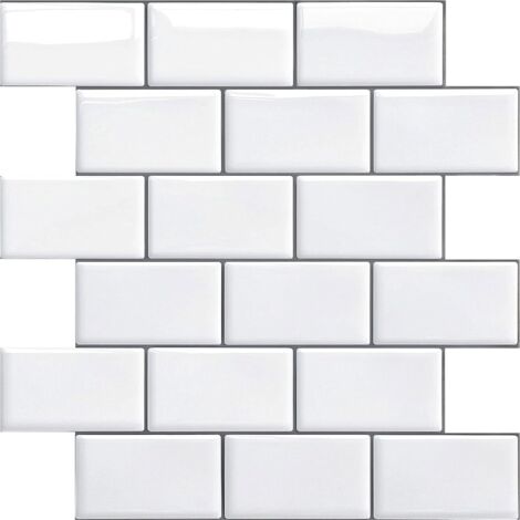 Adhesive Backsplash for Kitchen Bathroom, Faux Adhesive Wall Tiles White Adhesive Kitchen Backsplash, Waterproof Metro 3D PVC Adhesive Wall Tile, 4 Pieces