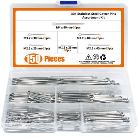 150-Pieces 6 Sizes 304 Stainless Steel Cotter Pin Clip Ultra-Comfortable Head Assortment Kit Mounting for Automotive, Mechanics, Garage, Car Power Equipment (1/4)