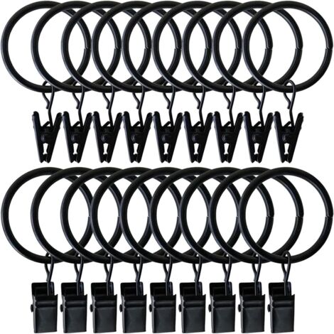 Curtain Rings, 20 Pieces Black Metal Drapery Hanging Rings with Clips Curtain Hooks for Window Bedroom Living Room Balcony Curtain Rods (50MM)