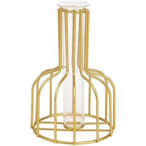 Nordic Ins Gold Wrought Iron Hydroponic Vase Ornaments for Living Room Table Desk Dried Flowers with Hydroponic Green Radish (Gold)