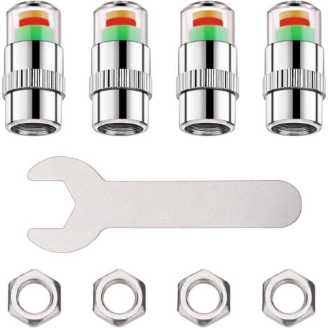 Car Tire Pressure Monitor Valve Stem Caps, 4pcs Universal Tire Sensor Indicator Tire Valve Caps + 4pcs Anti-theft Nut + Wrench, 3 Colors Monitor (1/5)