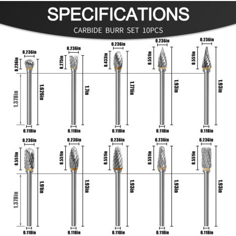 10-Piece Rotary Grinding Head Set – 1/8 Inch Shank, 4-10mm Heads, For Wood, Stone, Metal Polishing & Carving, Color-Coded For Quick ID