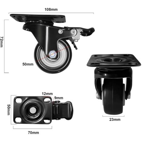 50mm Rubber Castor - Swivel Plate & Brake - 50kg - Stainless Steel
