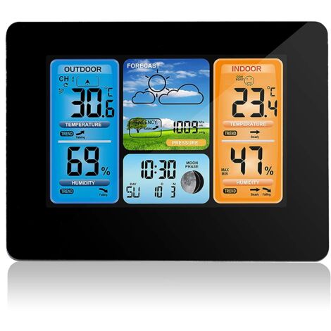 Digital Color Forecast Weather Station, Outdoor Sensor Weather Clock with Outdoor Sensor with Alert, Temperature, Humidity(Black)