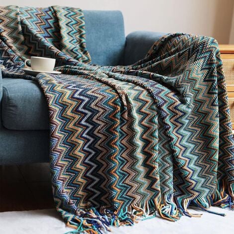 Tribal Throw Blanket Large Size Plaid Sofa Throw Colorful Bohemian  Decorative Blue,130 X 200CM