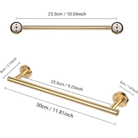 Towel Rack with Drilling, 304 Stainless Steel Towel Rack, Bath Towel Rack Brushed Nickel Towel Holder for Bathroom, Kitchen, Gold, 30cm