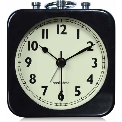 Alarm Clock Analog Black Square Silent Small Metal Travel Alarm Clocks for Kids Bedroom Bedside Living Room Office Black