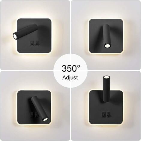 8W Modern LED Wall Light Wall Reading Light with 350° Swivel Switch 3W LED Wall Spotlight Indoor Wall Lamp for Bedroom Bedside Living Room Study Room, Black 3000K