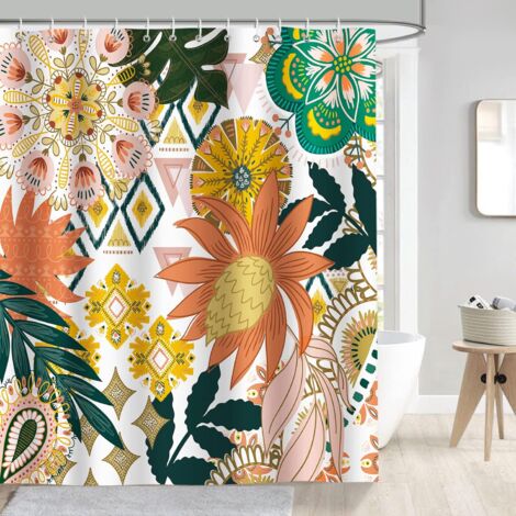 Bohemia Shower Curtain Flowers Leaves 180 x 180 cm Bath Curtain Polyester Fabric Mildew Proof Waterproof Washable Bathroom Curtain with 12 Hooks for Bathtub (1/5)