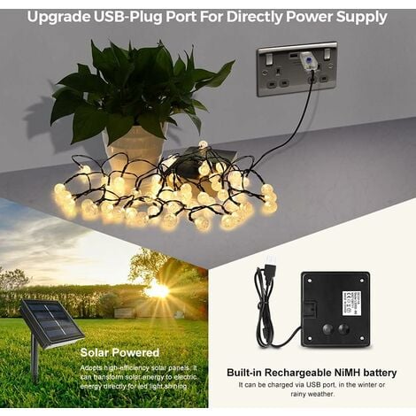 Solar String Lights, 9M 50 LED String Lights Outdoor and Indoor 8 Modes IP65 Waterproof, USB String Lights for Christmas, Party, Garden, Patio, Balcony, Trees, Weddings（warm white）