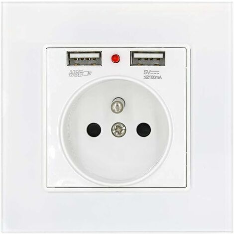 Power Socket Glass Panel French Standard Wall Socket with Power Indicator Dual Usb Charging 2.1A, Standard French Recessed Socket 16A 250V White (1/5)