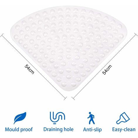 Shower Mat Non Slip Sector Rubber Corner Anti Mould Quadrant Bath Mat Safety Mats with Drain Hole Bathtub Mat for Shower or Tub 54 x 54 cm (White)