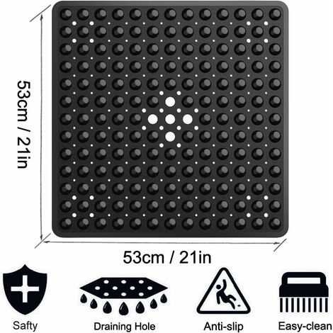 Square Shower Mat Non Slip Anti Mould - 53 x 53cm Rubber Shower Mat for Inside Shower, Anti Slip Shower Mats with Drain Holes & Suction Cups, Machine Washable, Black