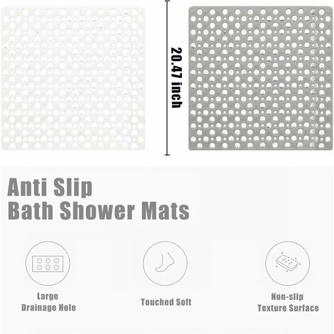 Square Shower Mats Non Slip Anti Mould, 53 x 53 cm Rubber Anti Slip Bath Mat with Drain Holes, Machine Washable, Grey