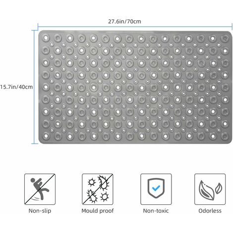 70X40cm Non Slip Bath Mat Shower Mats Anti Mould for Bathroom and Bathtub with Large Suction Cup and Thickened Rubber Backing Long, Grey