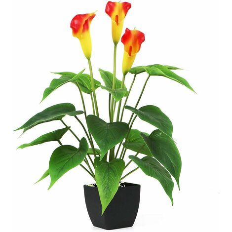 Artificial Plants Flowers, Real Touch Fake Calla Lily Plant Greenery Shrubs Silk Flower for Wedding Bridle Bouquet Indoor Outdoor Home Kitchen Office Table Decor (Orange, 1Pcs/Black Pot)