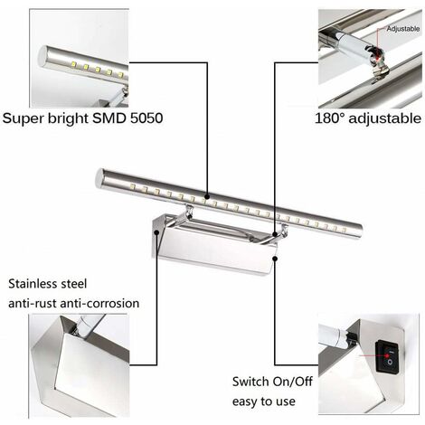 Bathroom Mirror Light LED 5W Wall Sconce Light Waterproof IP44 Dimmable 180° with Switch Stainless Steel Lighting Decoration Vanity Toilet Toilet Makeup 40cm（white）