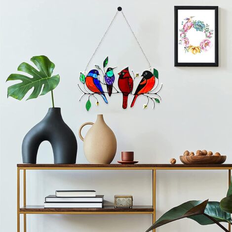 Multicolored Birds on a Wire Tall Stained Glass Suncatcher Window Hangings 7 Birds Penif orments for Windows Doors Garden Home Spring Deations
