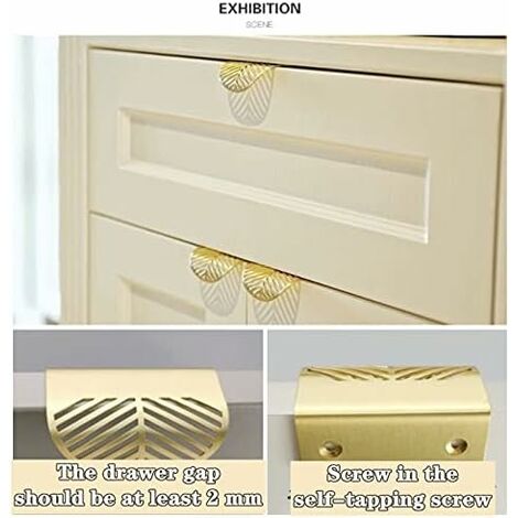 4pcs Leaf Shape Gold Cupboard Handles Gold Brass Cabinet Handles Copper Kitchen Door Handles Drawer Pull Knobs 6mm Hardware for 20MM Door Thickness