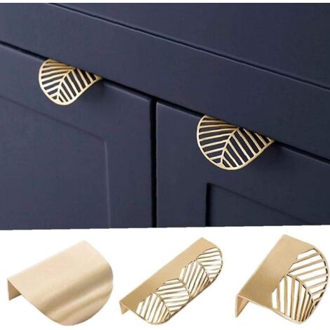 4pcs Leaf Shape Gold Cupboard Handles Gold Brass Cabinet Handles Copper Kitchen Door Handles Drawer Pull Knobs 6mm Hardware for 20MM Door Thickness