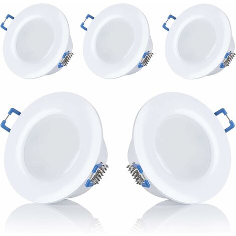 Set of 5 LED spotlights, recessed, for bathroom, IP44, 230 V, ultra flat, 5 W, available in warm white and cold white, round, white, for bathroom，Opening diameter: 75-80mm [Energy class F]（White hot）