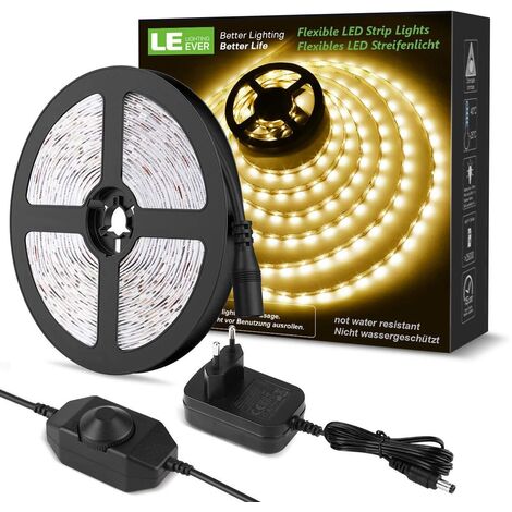 10M Dimmable LED Strip, Warm White 3000K 600 LEDs SMD 2835 LED Strip, 12V Self-adhesive LED Strip with Connectors+Transformer, Indoor Lighting for Furniture, Stairs, Kitchen [Energy Class A+]