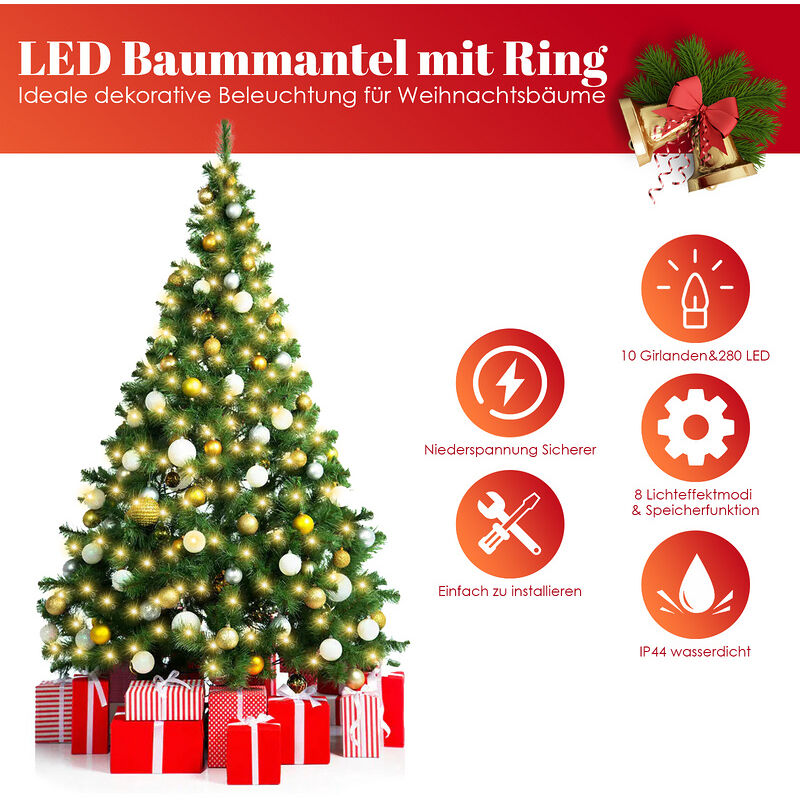 LED Lichterkette Weihnachtsbaum 280 LEDs 2,8m Außen Christbaumbeleuchtung  mit Ring LED Baummantel 8 Lichtmodi Warmweiß
