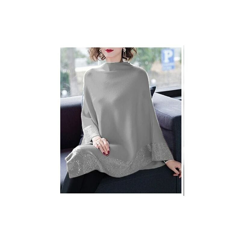 Chal de lana brillante para mujer, Jersey de punto, Top de Cuello medio, dobladillo envolvente cálido, capa de Poncho de Color sólido, capa de Navidad de,Gris oscuro,M