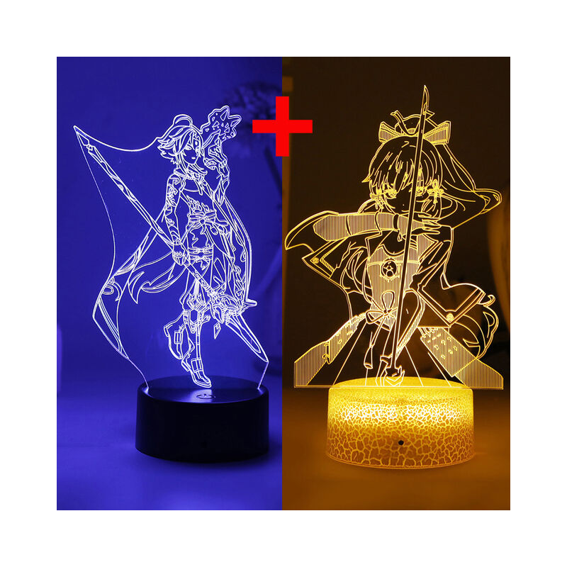 Juego de 2 figuras de impacto Genshin 3D Led luz nocturna juego Ayaka Kokomi Anime lámpara de escritorio para habitación de niños decoración Regalo de Cumpleaños de Navidad,Genshin 2