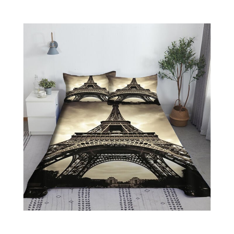 Juego de sábanas con estampado 3D De La Torre Eiffel de París, sábanas planas con funda de almohada para adultos y niños, Textiles para el hogar de tamaño doble,2,160X230cm(2Pcs)