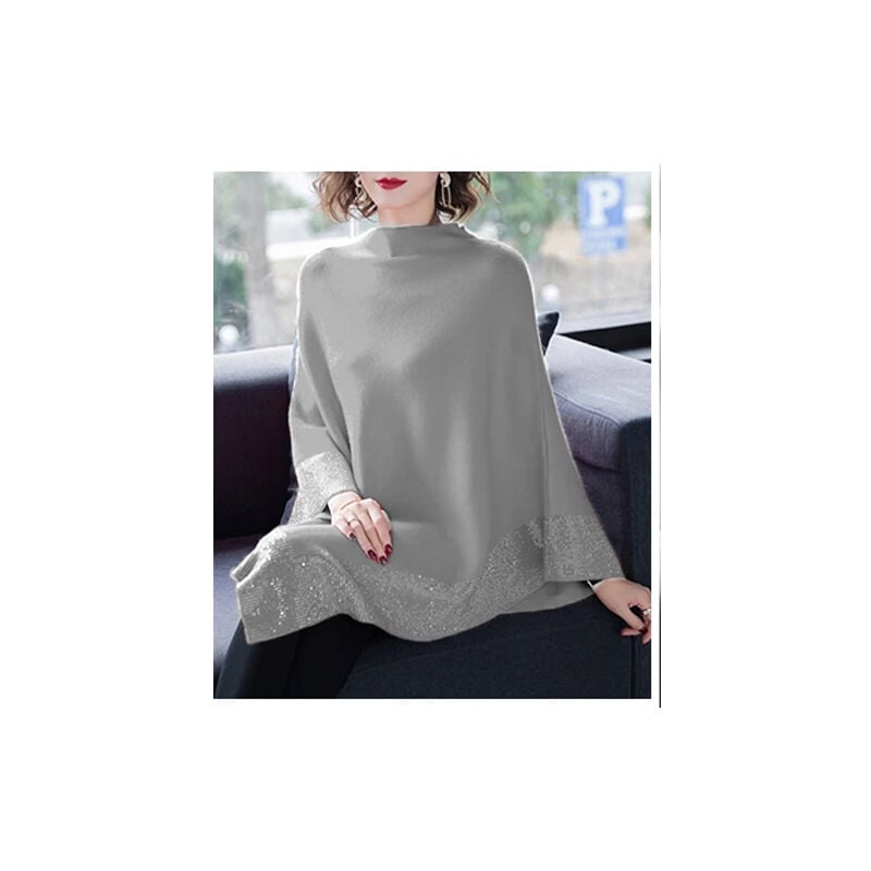 Chal de lana brillante para mujer, Jersey de punto, Top de Cuello medio, dobladillo envolvente cálido, capa de Poncho de Color sólido, capa de Navidad de,Gris oscuro,M