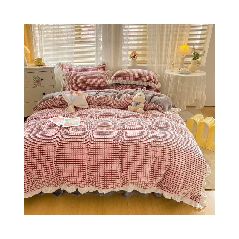 Funda nórdica de felpa con volantes para niña, edredón de franela Jacquard de rejilla cálida de invierno, estilo coreano, 150x200/180x200cm,5,duvet cover180x200cm