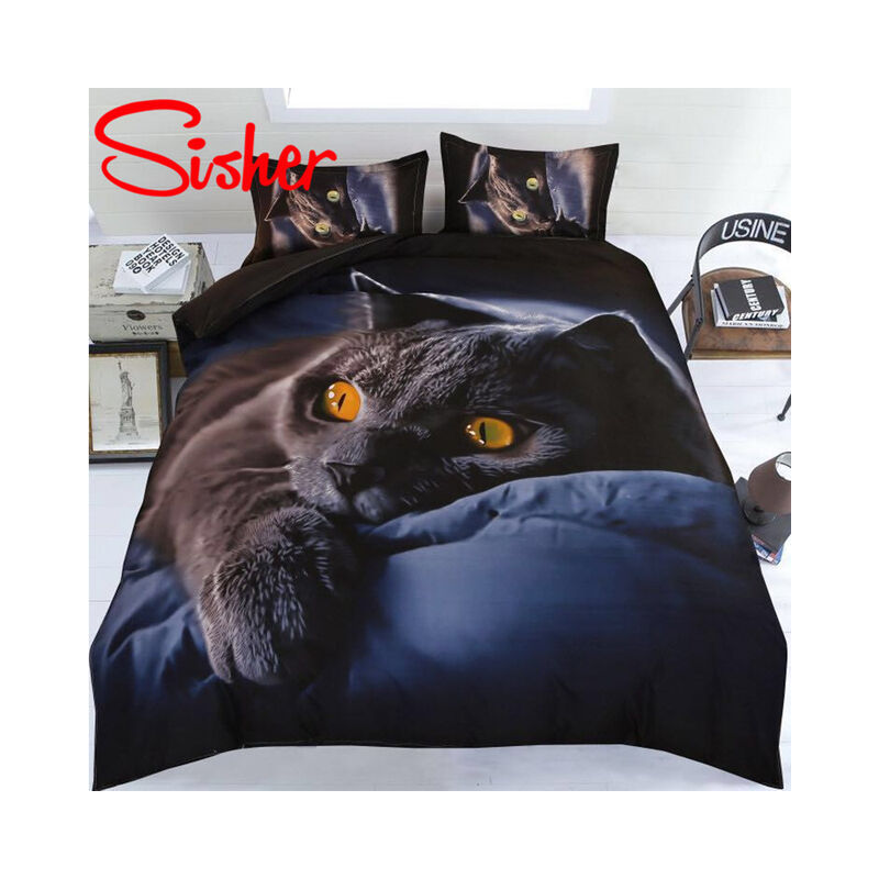 Juego de funda nórdica con estampado 3D de gato, ropa de cama de color azul oscuro, individual, King, 220x240, colcha de sábana plana, 4 piezas,cat,King 4pcs 220x240,Kit