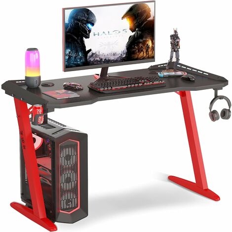 Gaming Desk with Led Lights, Ergonomic Home Office Desk, Gamer Workstation Racing Table, with Cup Holder& Headphone Hook, Black Carbon Fiber Table Top,114 * 60 * 72cm