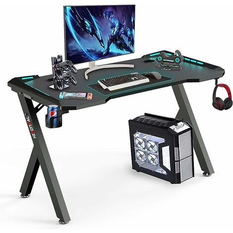 Gaming Desk with Led Lights R shape Gamer Workstation Racing Table with Cup Holder& Headphone Hook PC Computer Desk for Home Office Gaming Table Desk Cheap Laptop Table 114 * 60 * 72CM