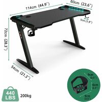 Z Shape Gaming Desk with LED Lights, PC Workstation Gaming Desk with Cup Holder and Headphone Hook, Racing Table Sturdy Office Computer Desk Easy to Assemble 114 * 60 * 72CM