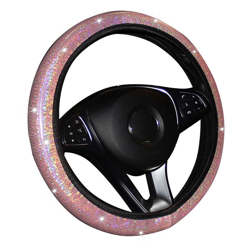 Couvre-volant rose pour voiture avec sous-verres , Housse de volant  extensible pour femmes, filles et hommes.