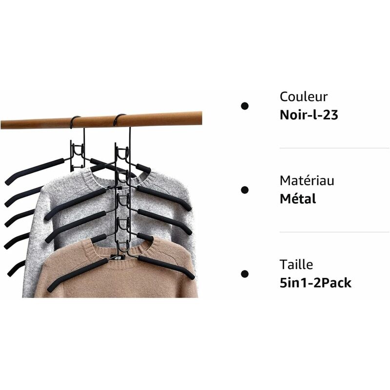 Cintres Gain De Place 5 En 1 - Lot De 2 Cintres Métal Avec éponge EVA Anti-dérapant