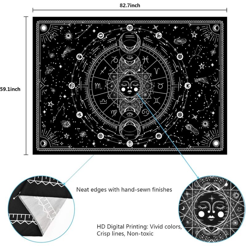 Tapisserie Murale Motif Soleil Et Lune - Tissu Polyester 91,4x122 Cm, Déco Bohème Chambre, Salon, Dortoir - 8