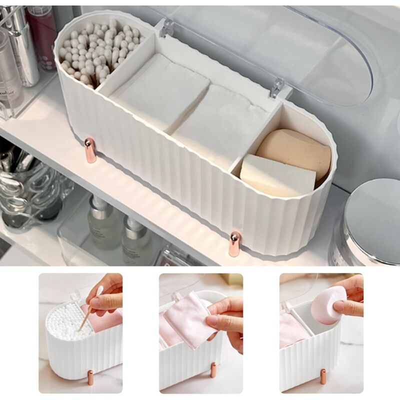 Organisateur Salle De Bain Mural Transparent - 2 Compartiments Avec Couvercle - Pour Cotons, Maquillage