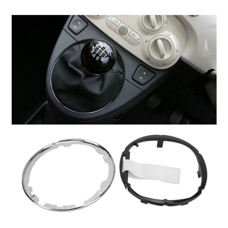 Bague De Retenue De Soufflet De Levier De Vitesse Pour Fiat 500C 2007-2015 - Anneau Chromé Argenté + Cadre Noir | Compatible Pièces OEM 71775051 / 50295325
