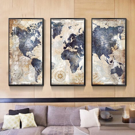 90x60 cm Impression sur toile intissee Carte du monde tableau 3parties tableaux decoration murale photo image artistique photographie graphique nautique la rose des vents