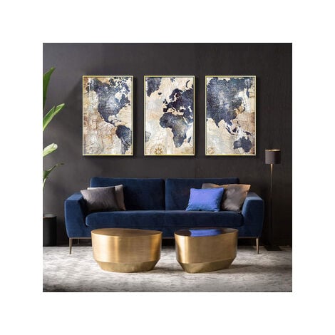90x60 cm Impression sur toile intissee Carte du monde tableau 3parties tableaux decoration murale photo image artistique photographie graphique nautique la rose des vents