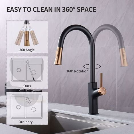 Robinet Cuisine,Mitigeur Cuisine Rotatif à 360°,Robinet Cuisine Douchette Mitigeur Cuisine Noir avec 2 Modes,Robinetterie de Cuisine Haute Pression,Mitigeur Cuisine avec Douchette