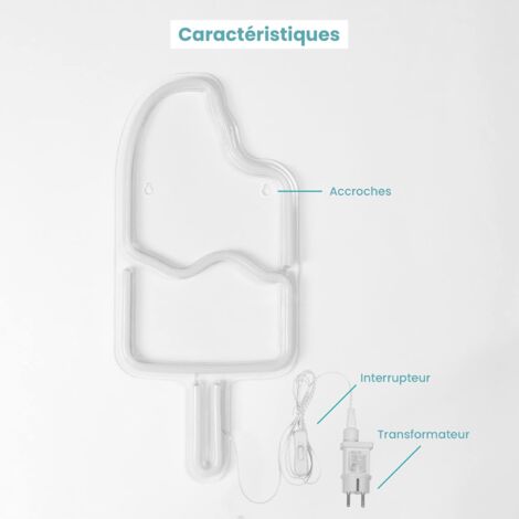 Glace 45 cm - Prise et Interrupteur on/Off Inclus Neon LED pour Decoration Chambre Enfant ou Déco Néon Bar - Lampe Murale Néon LED Glace sur Secteur avec Interrupteurv